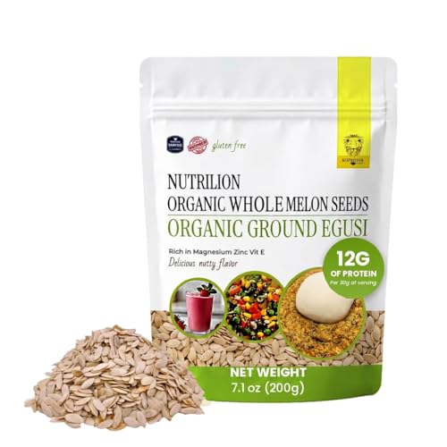 NutriLion Organic Egusi | Whole Melon Seeds for Egusi Soup Salads smoothies Sauces | High-Protein African Superfood | Organic Kosher Vegan Gluten-Free Non-GMO | 12g Plant Protein | More Protein than Chia | 7.1oz