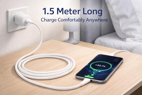Image of USB Type-C to Type-C Cable, 120W PD Fast Charging, 1.5 Meter, 5 Core Nylon Braided, White, compatible with iPhone 15 /16, Samsung Galaxy S24 /S23 (1, 150, Centimeters)