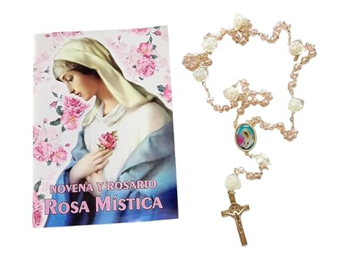 Maria Rosa Mística Rosario y Novena Set con Rosario de Cristal con Las Flores de la Rosa Mistica