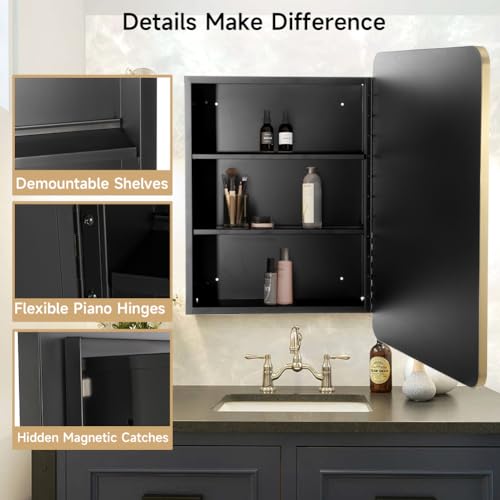 Image of Movo 20x31 Inch Recessed or Surface Mount Medicine Cabinet with Mirror Aluminum Metal Framed Bathroom Mirror Medicine Cabinet Rectangle Storage Cabinet Gold