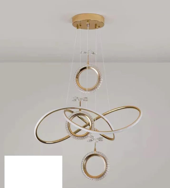 Image of Smart Modern Ring Pendant Light - Gold Finish Circular LED Chandelier with Crystal Design, 3-Color Changing Light for Living Room, Dining Room, Bedroom & Office