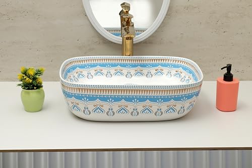 Image of Moroccan Design Ceramic Tabletop Wash Basin | Countertop Vessel Sink | Wash Basin over counter For Bathroom Hotel Home (18x13x5.5 Inch) (TORO 4014) (Moroccan Design 110)
