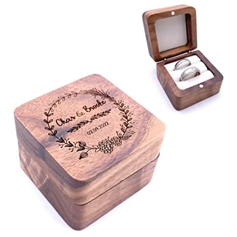 Square Double Ring Box - Engraved Wood Ring Bearer Box for Wedding Ceremony, Proposal or Engagement Ring Box Gift, Storage for 2 Rings Cover