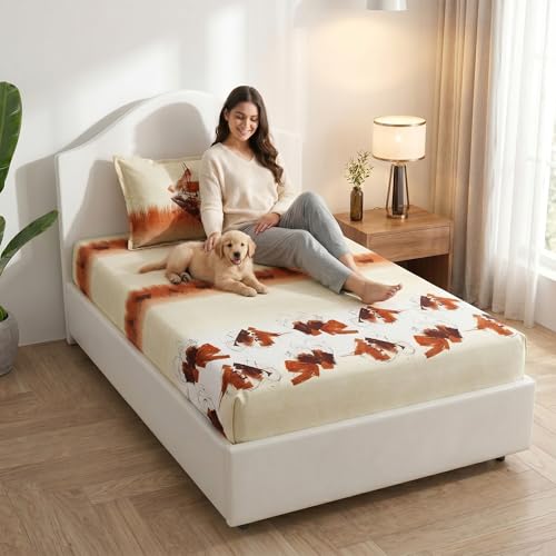 Image of Mafatlal 186 TC Autumn Delight Graceful Pure Cotton Single Flatsheet (60 x 90 Inch) | Breathable Summer Comfort | Wrinkle-Free Floral Bedsheet with 1 Pillow Cover, Beige Brown