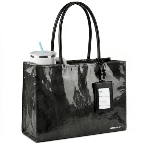 HOMESPON Sac à Main PVC Femme Cabas en Papier Kraft avec Fermeture Éclair Anse pour Travail Études et Quotidien