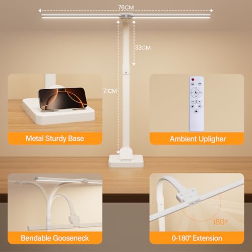Image of LED Desk Lamp with Base - Bright Dimmable Computer Lamp with Phone Holder, 24W Bendable Desk Light for Monitor Screen, Eye-Caring Tall Desktop Light for Task Home Office Work, White, Dual Head