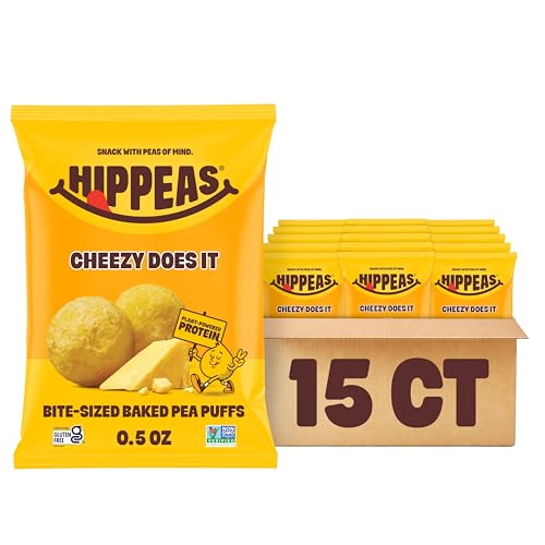 Hippeas Pops Pea Protein Puffs, Cheezy Does It, 15 x 0.5 oz Bags, Baked Bite-Size Airy Snacks, 2g Plant Protein, Made with Avocado Oil, 50% Less Fat, Dairy & Gluten Free, Non-GMO, Top 9 Allergen Free
