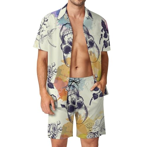 Ensemble chemise hawaïenne hommes haut de gamme motif crâne aquarelle et pantalon S