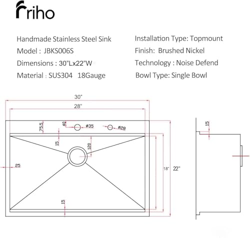 Friho 30\"x 22\" Inch Drop-in Stainless Steel Kitchen Sink,Brushed Nickel Topmount Kitchen Sinks,SUS304 Commercial Handmade 18 Gauge Single Bowl Large Basin With Dish Grid and Basket Strainer - Thumbnail 4