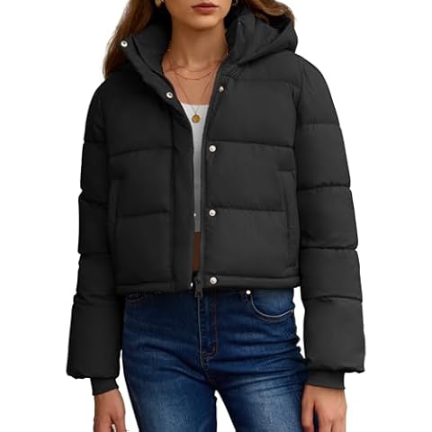 PHISOCKAT Cropped Puffer Jacket Womens Quilted Jackets for Women Long Sleeve Coats with Pockets Winter Outerwear with Hood Cover