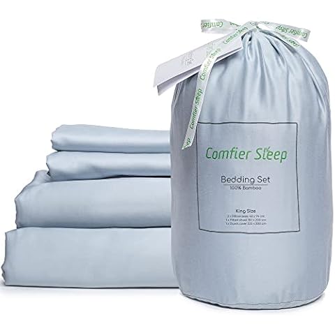 Comfier Sleep 100% Bamboo Bedding Set King Size 100% Organic Including Bamboo Fitted Sheet 150x200cm Bamboo Pillow Cases 48x74 cm and Duvet Cover 225x220 cm Ultra Soft Grey Bedding Cover