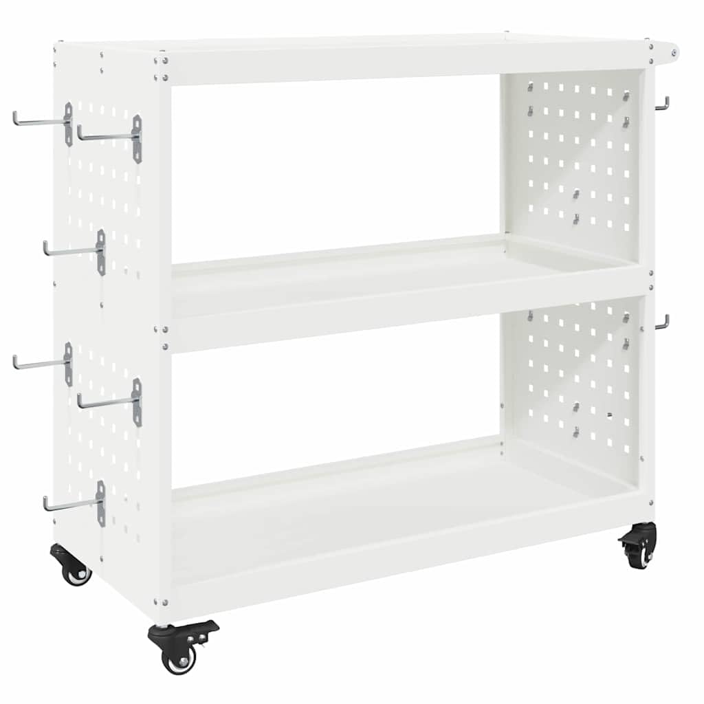 Carrello portautensili in acciaio laminato a freddo, carrello da officina con 3 ripiani, 12 ganci e 4 ruote bloccabili, carrello di servizio mobile 75 x 35 x 73 cm, bianco