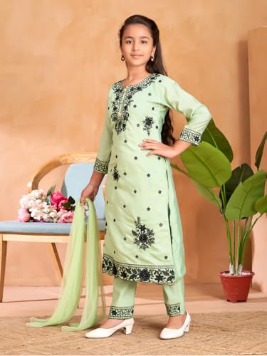 Image of Aarika Girls Ethnic Wear Sea Green Colour Thread Sequin Embroidery Kurti Pant Set With Dupatta