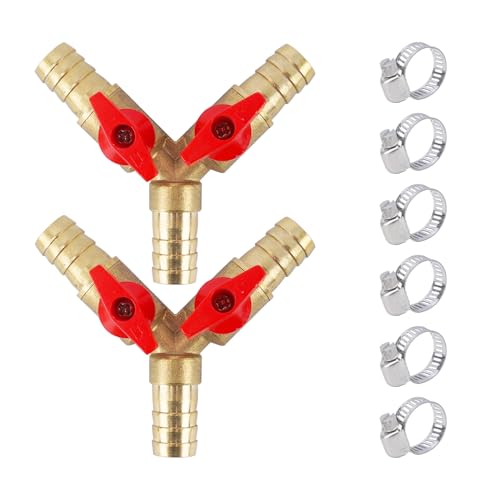 Minnhua 2 Piezas 12mm Valvula Antiretorno Agua, Latón 3 Vías Conector Manguera, Válvula de Grifo con 6 Abrazaderas de Manguera, Válvula de Bola para Agua, Aceite y Gas para Riego de Jardín