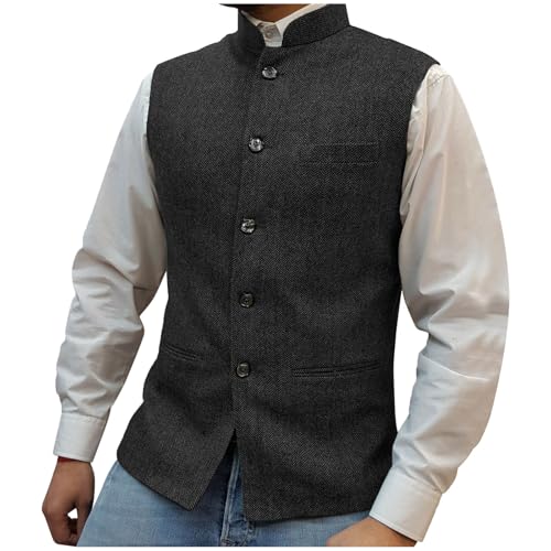 Mens Herringbone Vests Suit Business Wool Tweed Stand Collar Waistcoats Slim Fit Tuxedo Formal Wedding Prom Vest