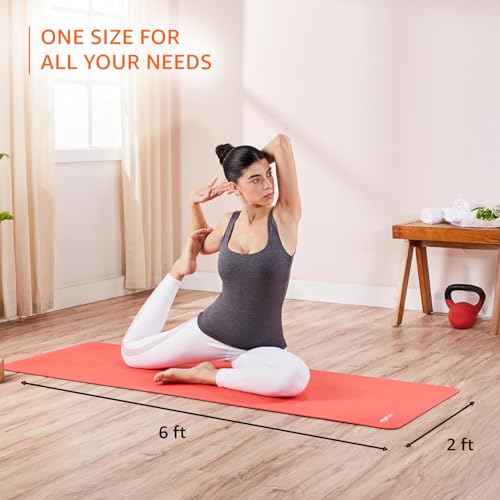 Image of AmazonBasics Dual Colour Yoga Mat | 6 MM Thick Mat | Carry Strap | Grippy Surface | Anti Slip Exercise Mat | EVA & LDPE Material | Yoga Mat for Men & Women | Exercise Mat for Gym or Home (Black & Red)