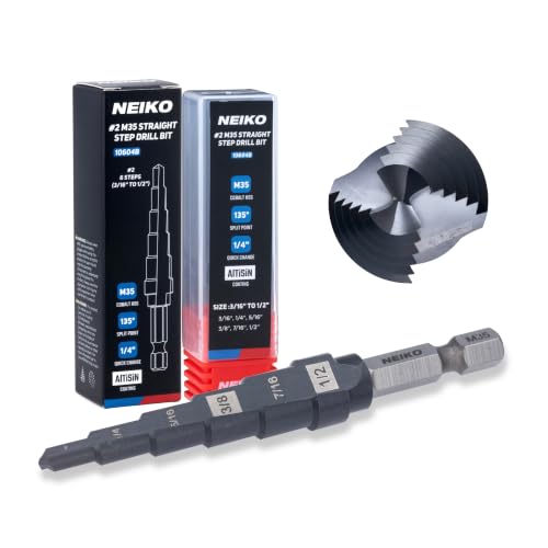 Image of NEIKO 10604B Step Drill Bit, 6 Steps 3 /16 inch to 1 /2 inch Straight M35 Cobalt, AlTiSiN Coated, 1 /4 inch Quick Change Step Bits for Steel, Metal, Wood, Plastic, Unibit Cone Drill Bits, Two Flute