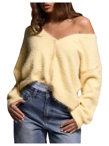 Women's Fuzzy V Neck Cardigan Button Down Long Sleeve Cozy Sweaters Winter Fall Clothes