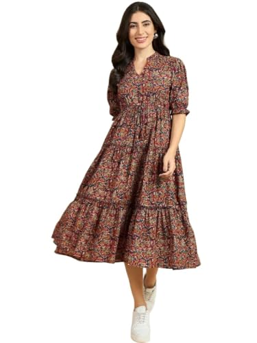 Image of PIDAVLIYA'S Women's Floral Summer Maxi Dress I Cotton Printed I One Piece Bodycon Midi Dress with V-Neck, Puffed Sleeves