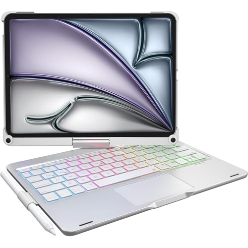 Zienstar-Funda con Teclado Español Rotación 360° para iPad Air 11 M2/M3,Air 4/5 10.9, iPad 10th /11th (A16) iPad Pro 11 (2018-2022),Retroiluminado,Trackpad Click-Plateado
