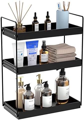 Bathroom Countertop Organizer, 3 Tier Metal Vanity Counter Skincare Shelf, Matte Black ​Under Sink Standing Rack With Acrylic Tray, Home Storage Holder For Lotion Makeup Cosmetics Perfume Spice