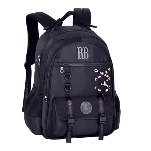 Mochila de Costas Rebecca Bonbon Beaded Fun RB27425 Preta Grande Juvenil com Bolso Antifurto e Cadarço