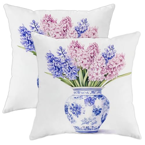 Juego de 2 fundas de almohada de jacinto de primavera, fundas de almohada de jarrón de flores de melocotón azul, decoración cuadrada floral para sofá, cama, cojines de decoración de casa de campo al