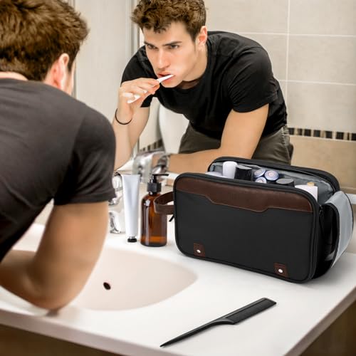 Image of Wedama Toiletry Bag for Men, Large Hanging Travel Toiletry Bag, Extra Electronic Organizer Bag Waterproof Shaving Bag for Toiletries with PU Handle for Travel Business Trips Swim Camping, Black&Brown
