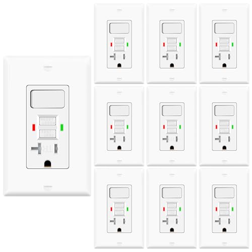 10 Pack GFCI Outlet with Light Switch - 20 Amp Tamper-Resistant Self-Test GFI Switch Combo, LED Indicator, Ground Fault Circuit Interrupter, ETL Listed, White