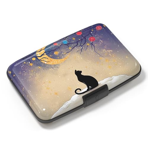 Image of Credit Card Holder, Mini Aluminum Card Wallet RFID Blocking Slim Metal Hard Card Case for Women Men, Moonlight Cat