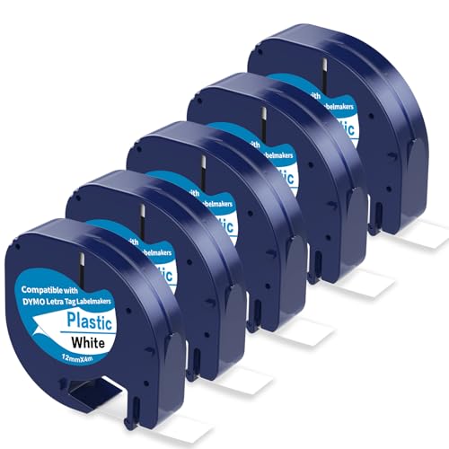 Image of 5 X Plastic White Tape Replacement for Dymo Letratag Refills, Compatible with Dymo Label Maker Refills 1/2 x 13 for Letra Tag for LT100T LT100H QX50