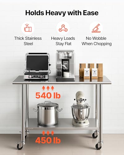 Image of VEVOR Stainless Steel Work Table, 24x48 inch Food Prep Table with Wheels and Backsplash, Commercial Kitchen Workstation with Adjustable Undershelf, Metal Utility Worktable, for Restaurant Home Outdoor