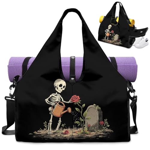 Halloween Mens Duffle Bag with Shoes Compartment, Skeleton Travel Duffel Bags with Yoga Mat Holder, Wet Pocket, Carrying Function Gym Bags for Yoga Pilates Swimming2