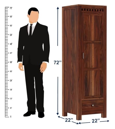 Image of WOODLAB Furniture Solid Sheesham Wood Single Door and Drawer Storage Wardrobe for Home | Wooden Almirah for Bedroom (Honey Finish)