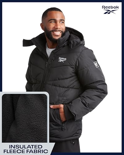 Image of Reebok Mens Winter Jacket - Thick Heavyweight Ski Winter Coat - Warm Insulated Quilted Hooded Puffer Coat for Men