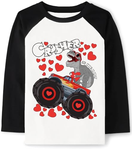 Tkria Boys Girls Valentine Shirts Raglan Long Sleeve Monster Truck Dinosaur Candy Love Heart Tops for Kids 2-10T