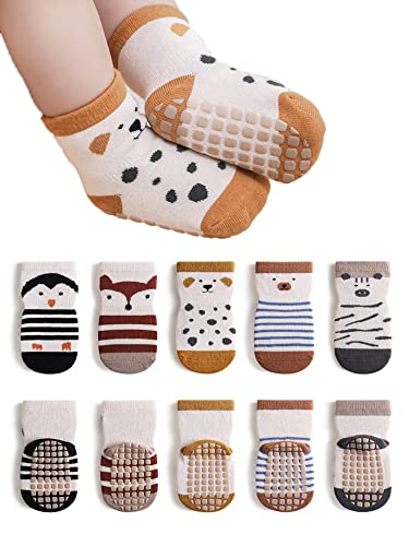 Toddler Non-skid Socks Baby Infant Boys Girls Non Slip Socks with Grips Anti-Slip Crew Socks 5 Pairs