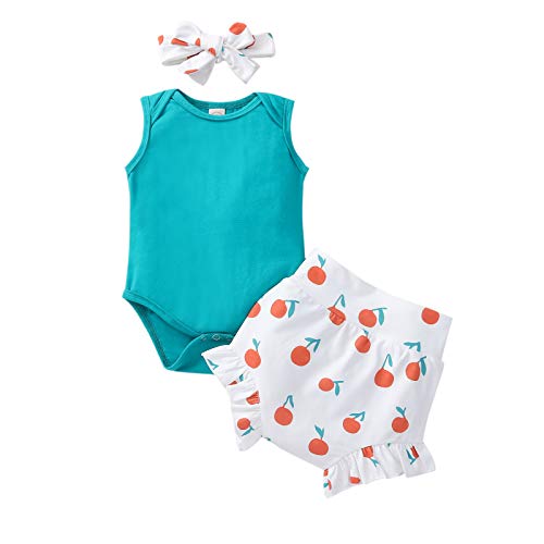 XIAOXUEG Baby Girl?s Clothes Summer Sleeveless Romper + Ruffle Short Pants + Headband 3PCS Toddler Cute Outfits Sets (Blue&Orange,0-6 Months)
