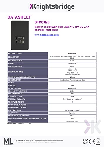 Knightsbridge Screwless Shaver socket with dual USB A+C (5V DC 2.4A shared) - smoked bronze - Image 2