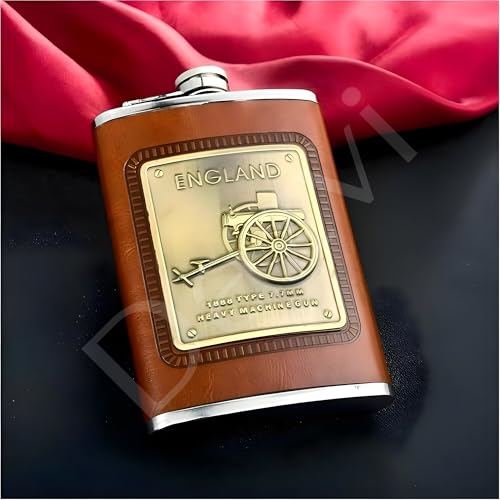 Image of Stainless Steel Hip Flask for Men & Women 8oz (236ml) - Whisky Flask Vodka Alcoholic Liquor Holder with Funnel Drinks Pocket Carrying Case - Leakproof Travel Flasks for Drinks, (Brown ENG)