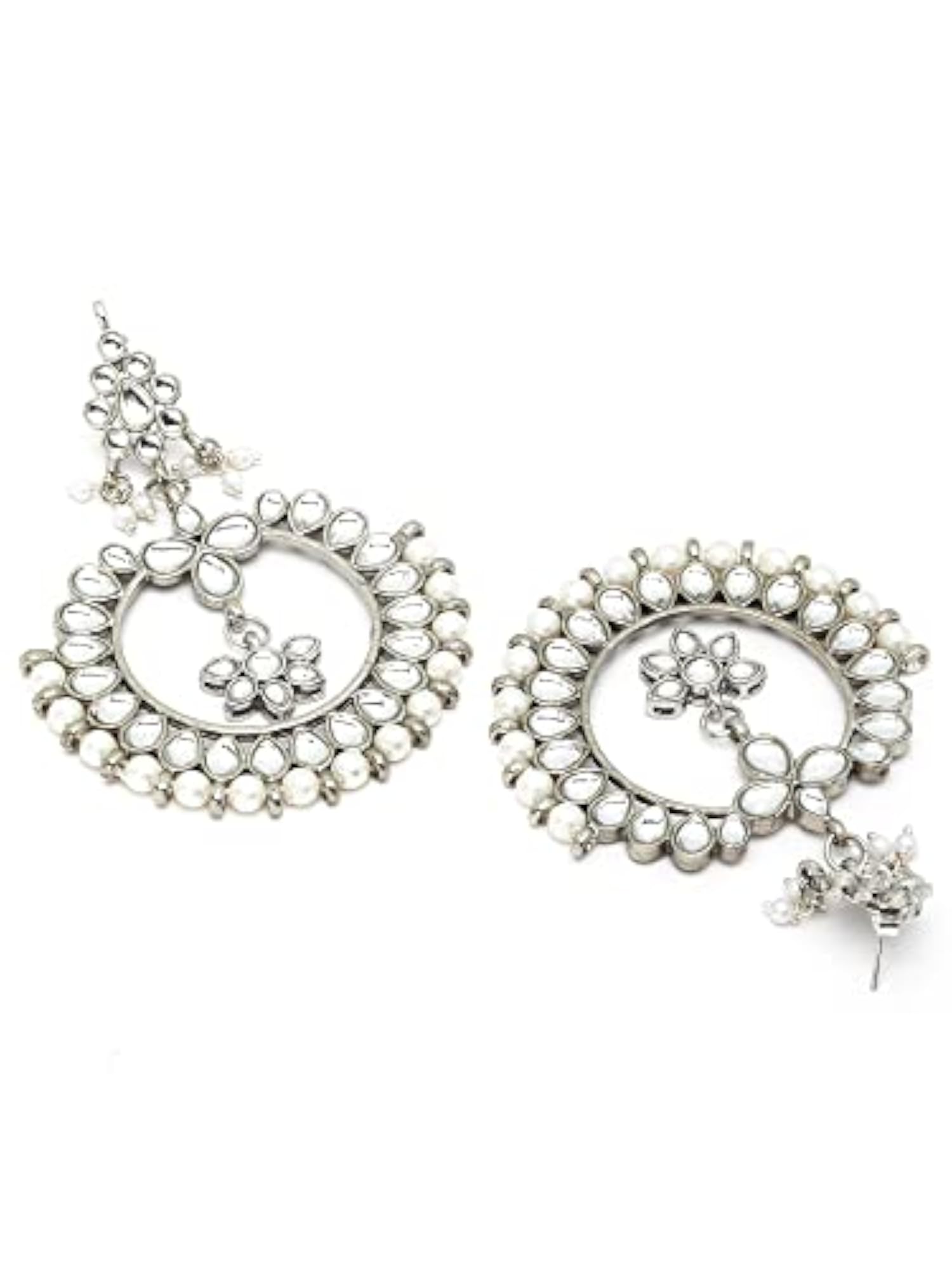Women's Oxidised Silver Kundan Chandbali Earrings