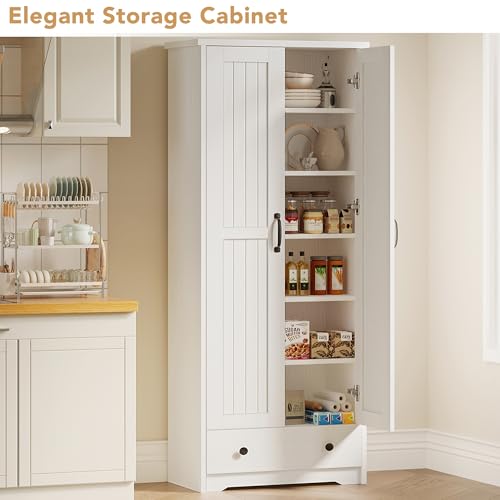 Image of Decofy 70 inch Tall Storage Cabinets, Large Wood Storage Pantry Cabinet with 6 Adjustable Shelves, Drawer & 2 Striped Doors, Standing Utility Cabinet for Kitchen, Dining Room, Bathroom (White)