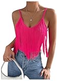 RoseSeek Women's Sleeveless Fringe Camisole Tops V Neck Spaghetti Strap Summer Cami Shirts Hot Pink Medium