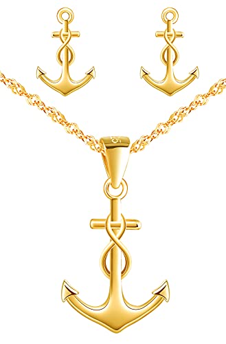 Yumilok Collier ancre femme, boucle d'oreille ancre femme, ensemble de bijoux en argent 925, collier et clou d'oreille d'ancre et de symbole d'infini, collier...