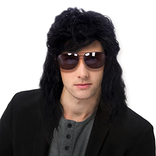 STfantasy Mullet 70s 80s Cutomes Wigs for Men Long Curly Hippie Disco Man Wig for Fancy Dress Cosplay Party Halloween (Black)