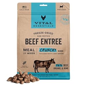 Vital Essentials Freeze Dried Dog Food, Raw Beef Crunchy Nibs | Complete Meal or Topper | 96% Beef, Organs & Bone | Limited Ingredient, High Protein, Grain Free Dry Dog Food | 14 oz Bag