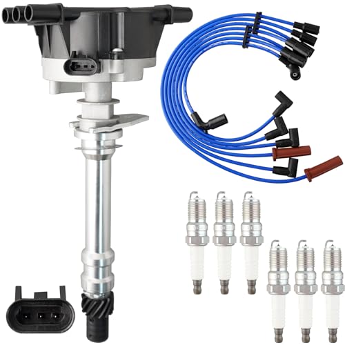 MOAUTO Ignition Distributor w/Cap & Rotor and 6 Iridium Spark Plugs with Wire Set Tune Up Kit 1103976 84-1639 Compatible with Chevrolet Astro Blazer S10 P30 GMC C1500 Jimmy K1500 Savana 2500 Sonoma