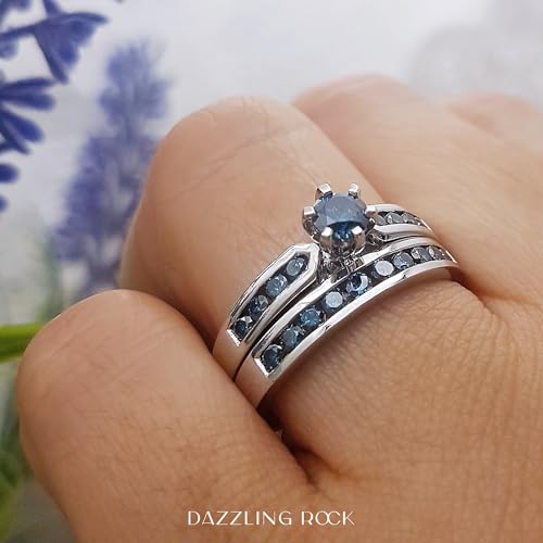 Dazzlingrock Collection 1.00 Cttw 14k Solid Gold Round Blue Diamond Womens Bridal Engagement Ring Set with Matching Band4