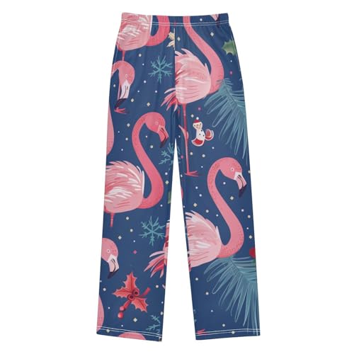 Flamingo Xmas Floral Boys Long Pants Soft Trousers Elastic Waist Kids Lounge Bottoms with Pockets S-XL