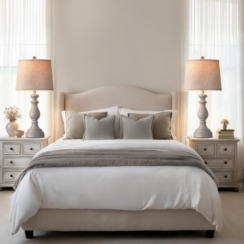 Image of PARTPHONER Traditional Table Lamp Set of 2, Rustic Farmhouse Table Lamps for Living Room Bedroom, 27 inch Bedside Desk Lamps Vintage Nightstand Lamps with Linen Shades, Antique Grey